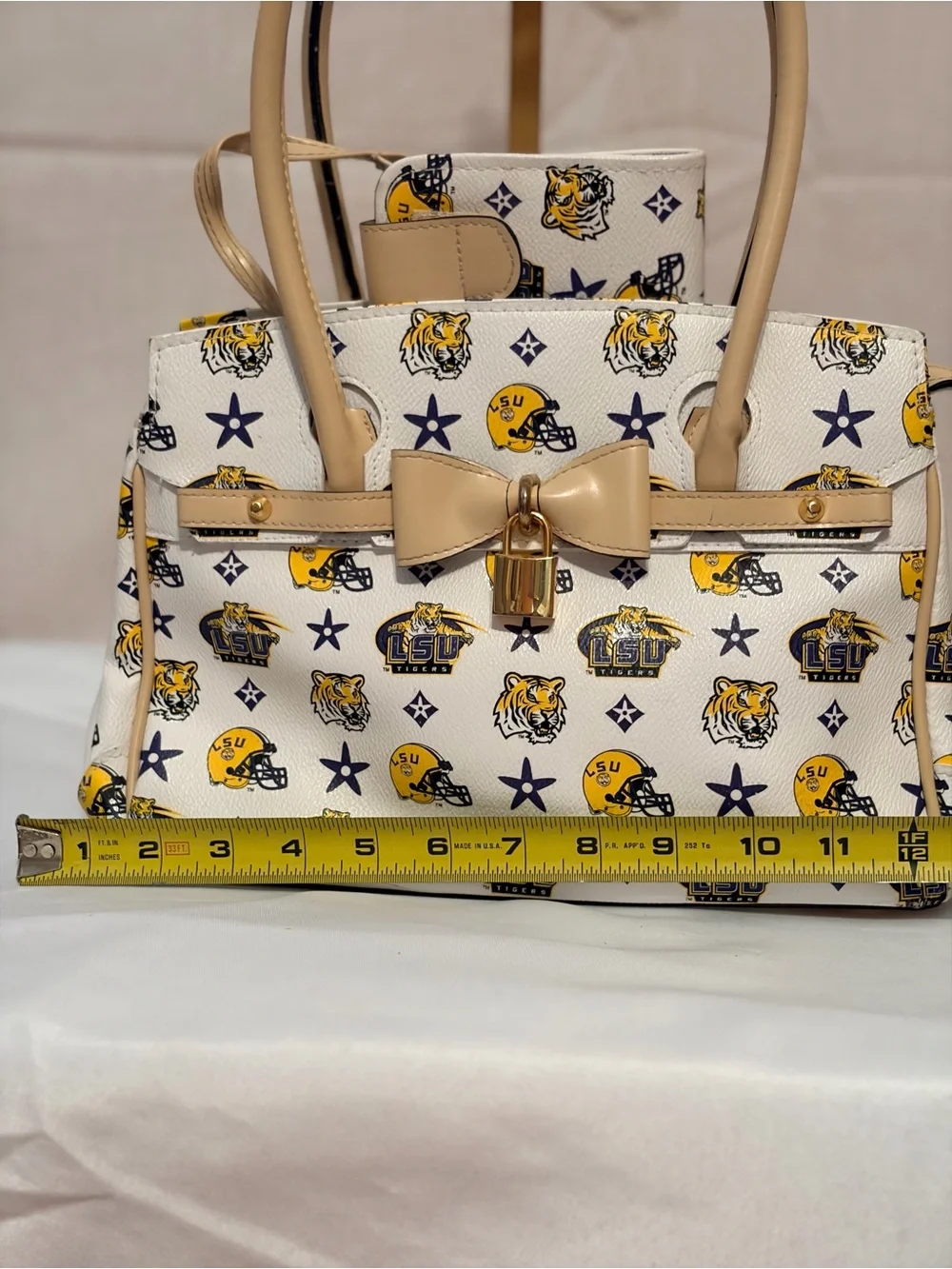 LSU Themed White & Tan Satchel Bag with Bow Accent & matching accessory pouch